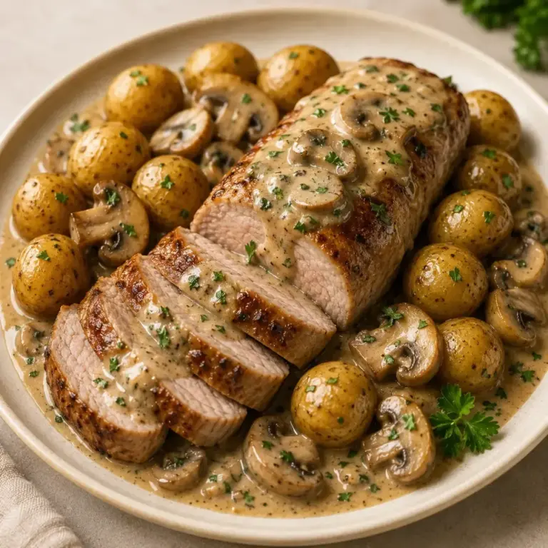 Filetto mignon con salsa cremosa ai funghi e patate novelle