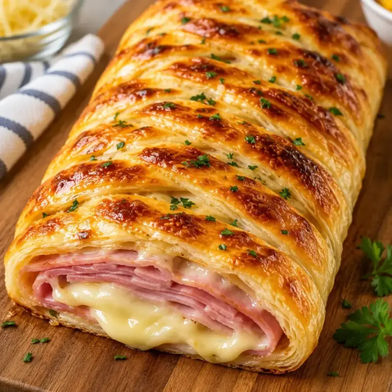 Treccia di pasta sfoglia con prosciutto, formaggio e besciamella